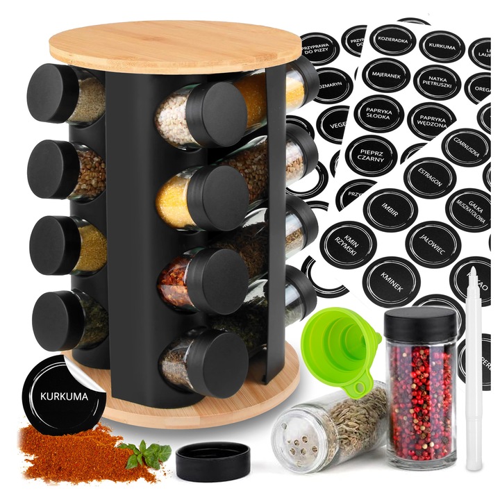 Stojak pentru condimente Romero, 16 recipiente, obrotire 360°, bambus natural, negru