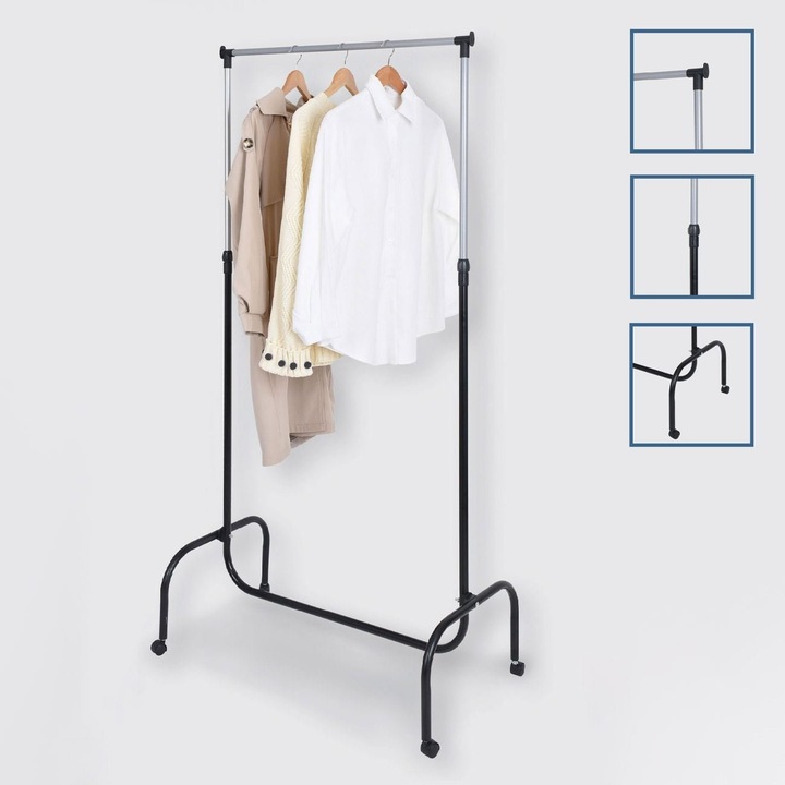 Fém ruhaállvány, állítható, kerekekkel, fekete, 82.5x43x170cm, MYONNA IT & E- COMMERCE ®