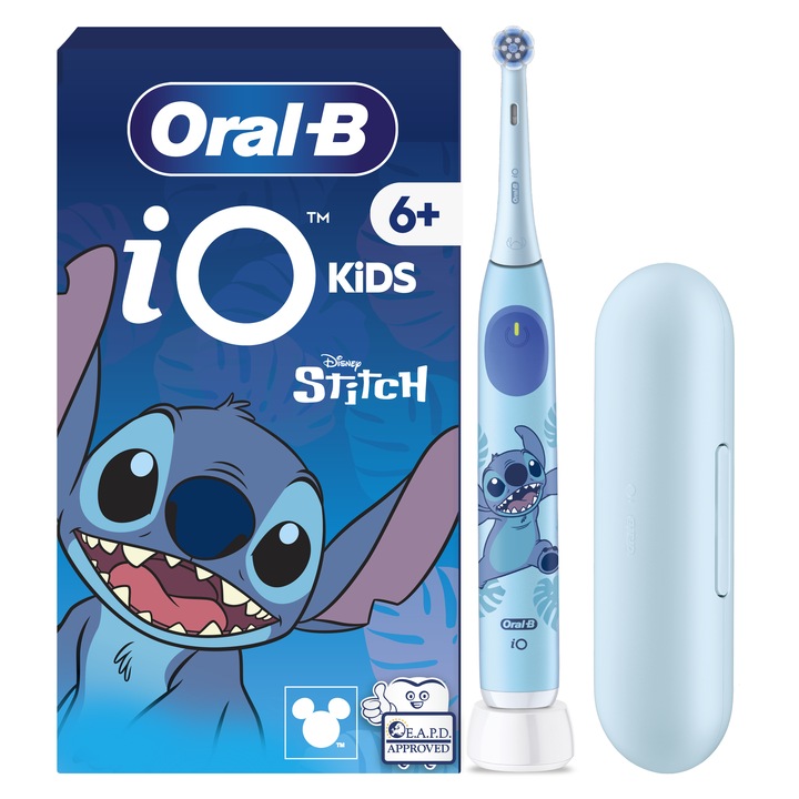 Електрическа четка за зъби Oral-B iO Kids Disney Stitch, 1 накрайник, 1 калъф за пътуване, 3 режима, Чувствителен режим, Подходящ за деца, 2-минутен музикален таймер, За възраст 6+