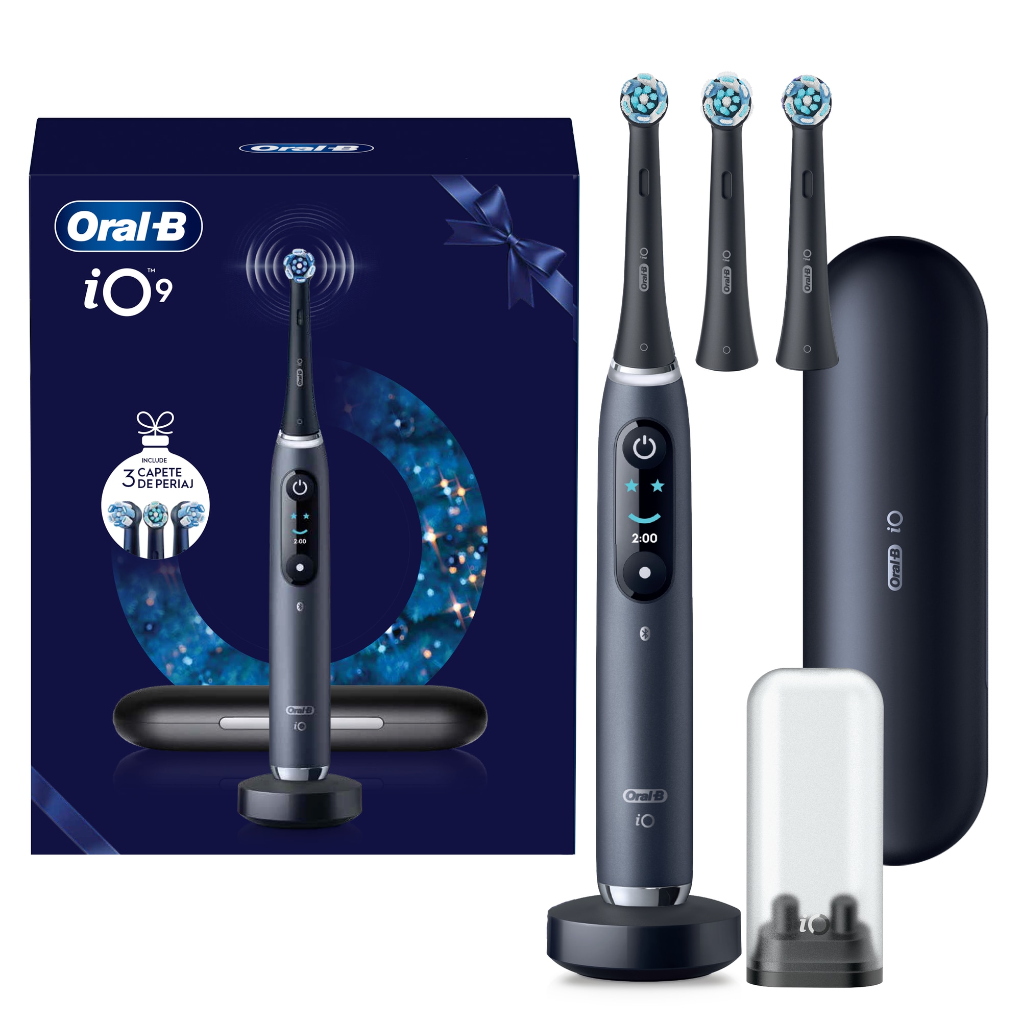 Set cadou periuta de dinti electrica Oral-B iO9 + 2 capete de periaj cu Tehnologie Magnetica si Micro-Vibratii, Inteligenta artificiala, Display led, Senzor de presiune Smart, Time