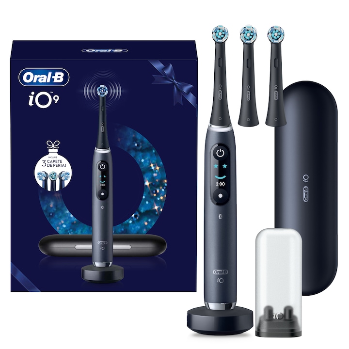 Set cadou periuta de dinti electrica Oral-B iO9 + 2 capete de periaj cu Tehnologie Magnetica si Micro-Vibratii, Inteligenta artificiala, Display led, Senzor de presiune Smart, Timer vizibil, Trusa de calatorie, Negru