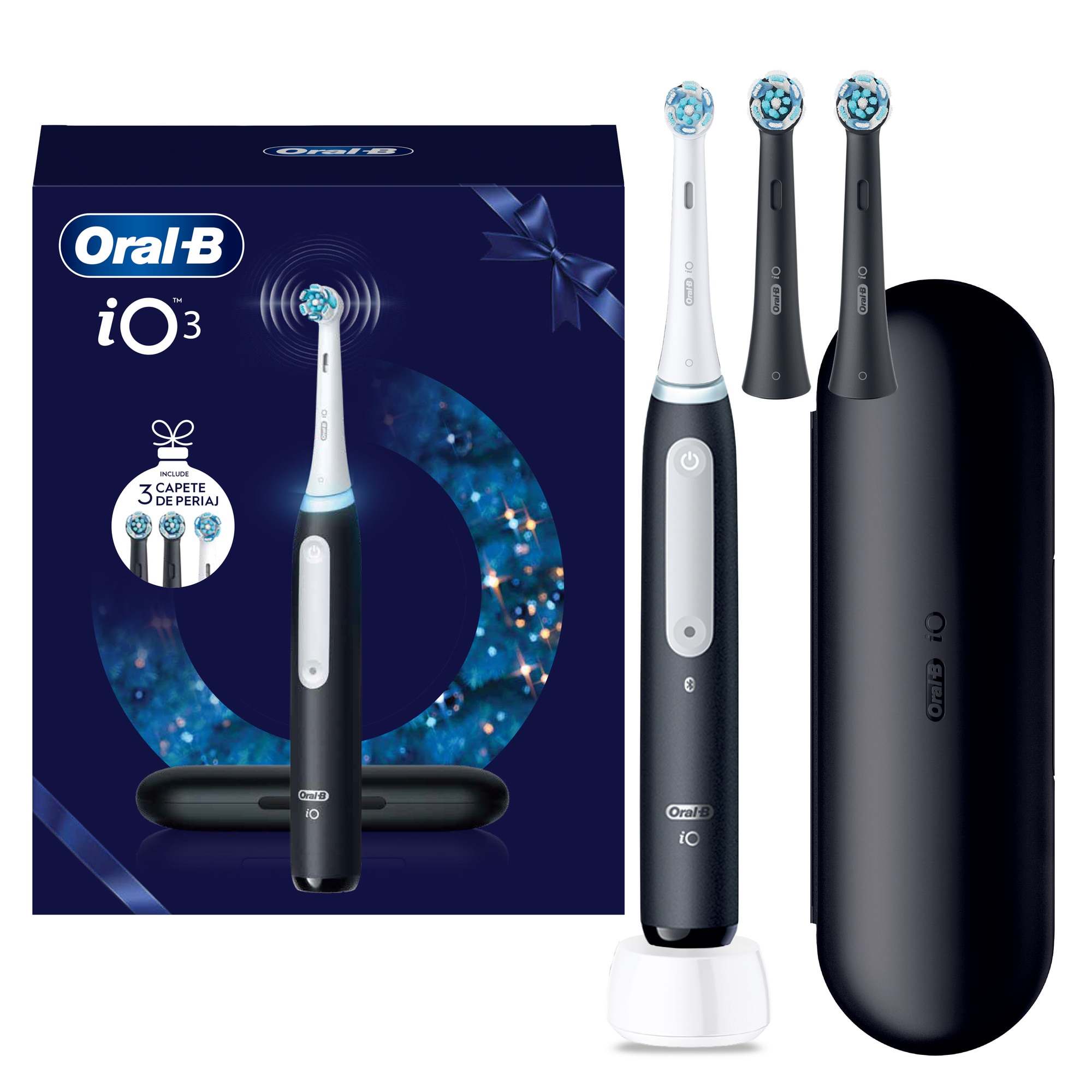 Set cadou periuta de dinti electrica Oral-B iO3 + 2 Capete de periaj cu Tehnologie Magnetica si Micro-Vibratii, Senzor de presiune Smart, 3 Moduri, Trusa de calatorie, Negru