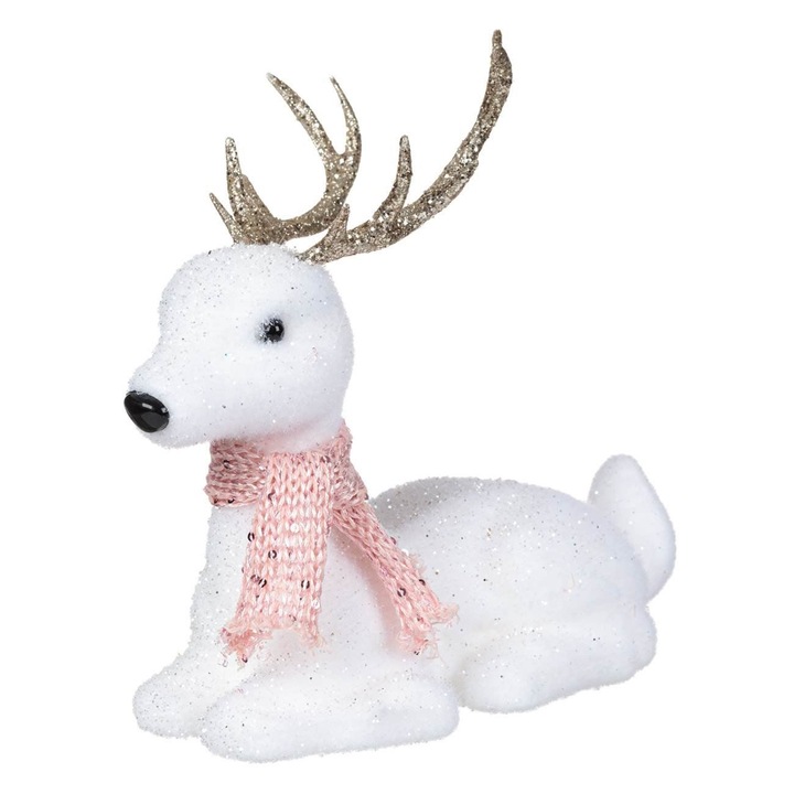 Karácsonyi figura, Szarvas, Fehér, Hab, 21cm, Rózsaszín sál, Bézs pezsgő csillogás, MYONNA IT & E- COMMERCE ®