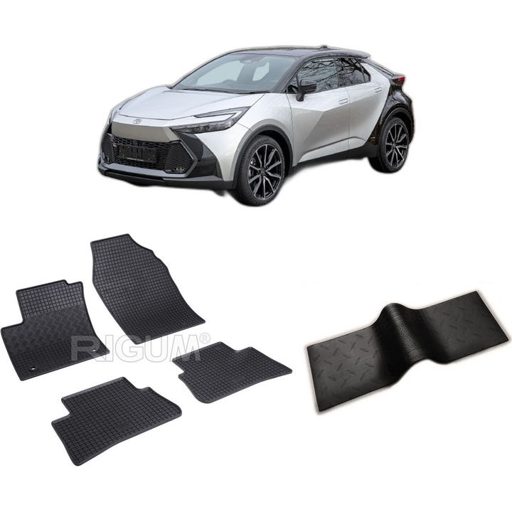 Set covorase auto TOYOTA C-HR HYBRID din 2024-PREZENT, cu covoras tunel median, CAROSERIE SUV, Presuri cauciuc 100%, compatibil cu autoturismul TOYOTA C-HR HYBRID, Rigum
