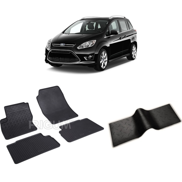 Set covorase auto FORD C-MAX GRAND II din 11.2010-06.2019, cu covoras tunel median, CAROSERIE VAN, Presuri cauciuc 100%, compatibil cu autoturismul FORD C-MAX GRAND II, Rigum