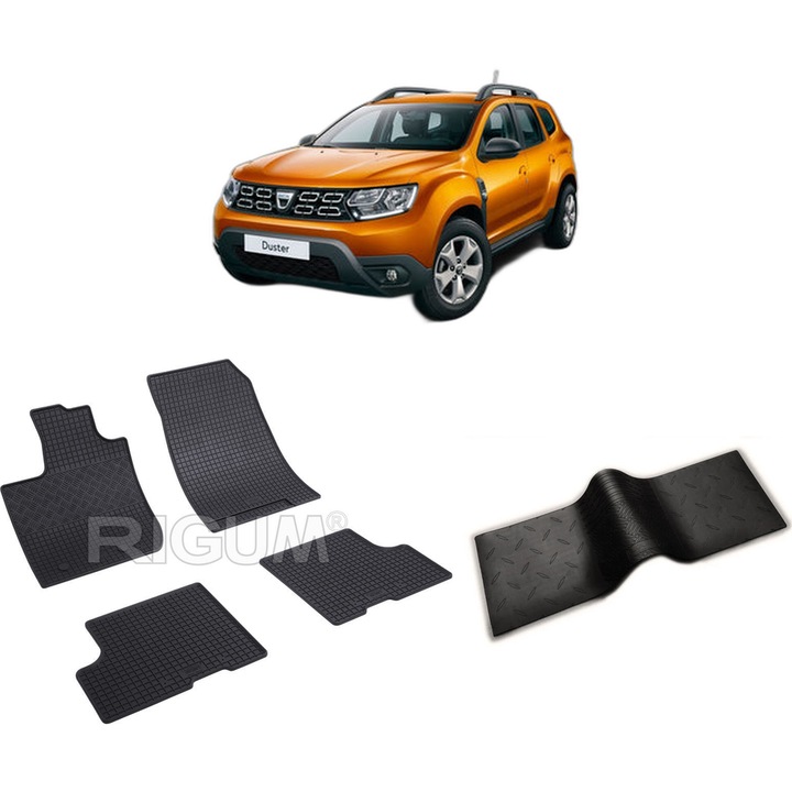 Set covorase auto DACIA DUSTER II din 01.2018-05.2024, cu covoras tunel median, CAROSERIE SUV, Presuri cauciuc 100%, compatibil cu autoturismul DACIA DUSTER II, Rigum