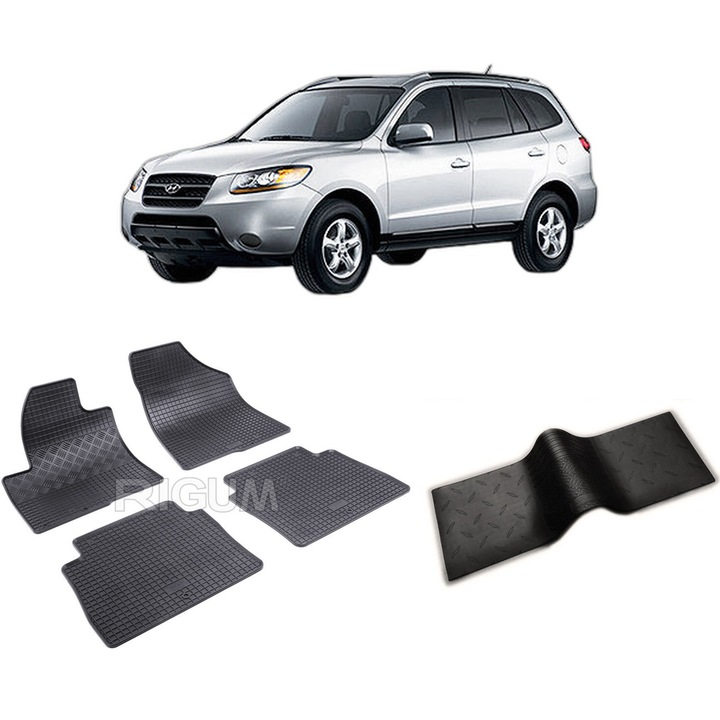 Set covorase auto HYUNDAI SANTA FE II din 04.2006-2010, cu covoras tunel median, CAROSERIE SUV, Presuri cauciuc 100%, compatibil cu autoturismul HYUNDAI SANTA FE II, Rigum