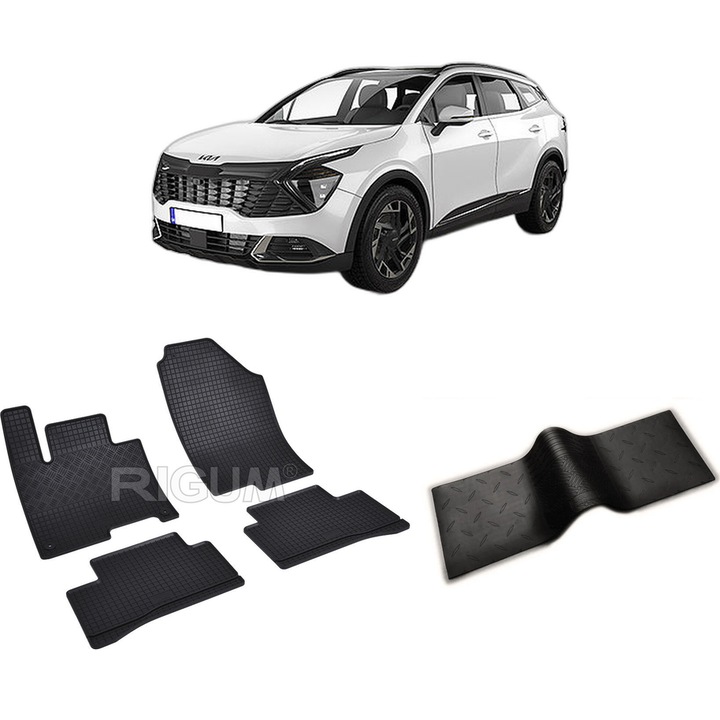 Set covorase auto KIA SPORTAGE V din 2022-PREZENT, cu covoras tunel median, CAROSERIE SUV, Presuri cauciuc 100%, compatibil cu autoturismul KIA SPORTAGE V, Rigum