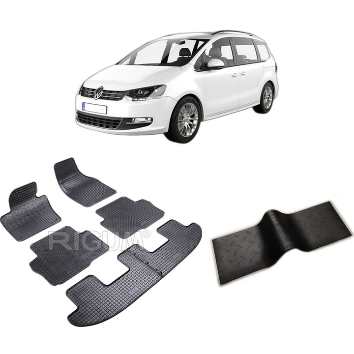 Set covorase auto VOLKSWAGEN SHARAN II din 09.2010-03.2022, cu covoras tunel median, CAROSERIE VAN 7 LOCURI, Presuri cauciuc 100%, compatibil cu autoturismul VOLKSWAGEN SHARAN II, Rigum