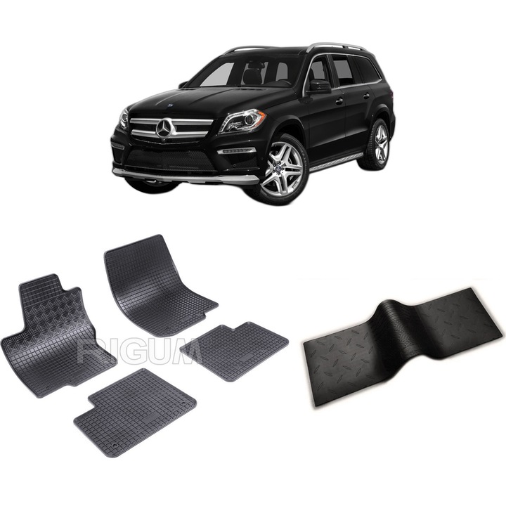 Set covorase auto MERCEDES GL II X166 din 11.2012-2015, cu covoras tunel median, CAROSERIE SUV, Presuri cauciuc 100%, compatibil cu autoturismul MERCEDES GL II X166, Rigum
