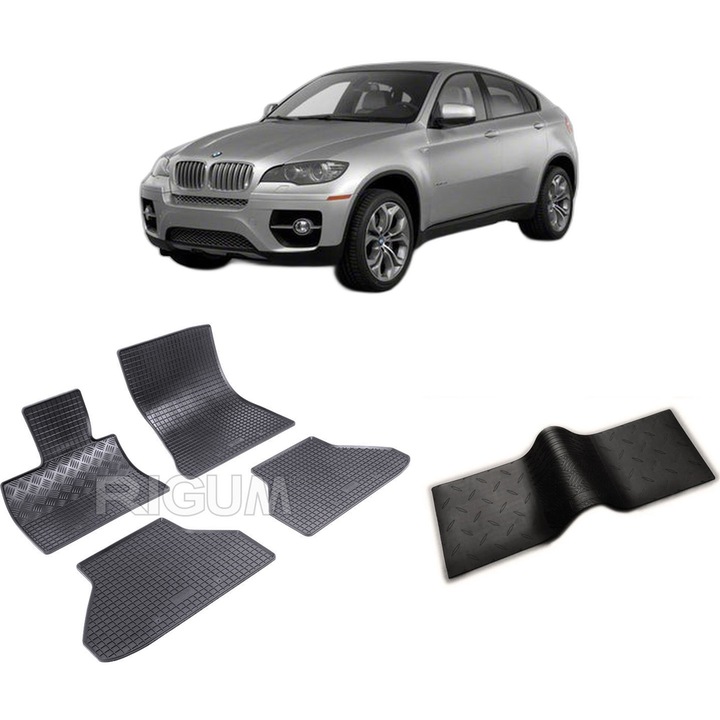 Set covorase auto BMW X6 E71 din 06.2008-10.2014, cu covoras tunel median, CAROSERIE SUV, Presuri cauciuc 100%, compatibil cu autoturismul BMW X6 E71, Rigum