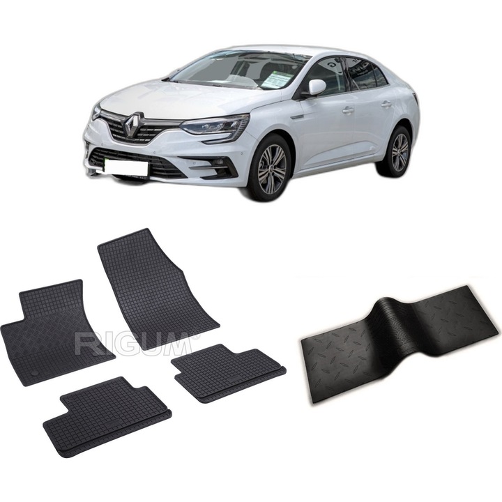 Set covorase auto RENAULT MEGANE IV din 01.2017-PREZENT, cu covoras tunel median, CAROSERIE SEDAN, Presuri cauciuc 100%, compatibil cu autoturismul RENAULT MEGANE IV, Rigum