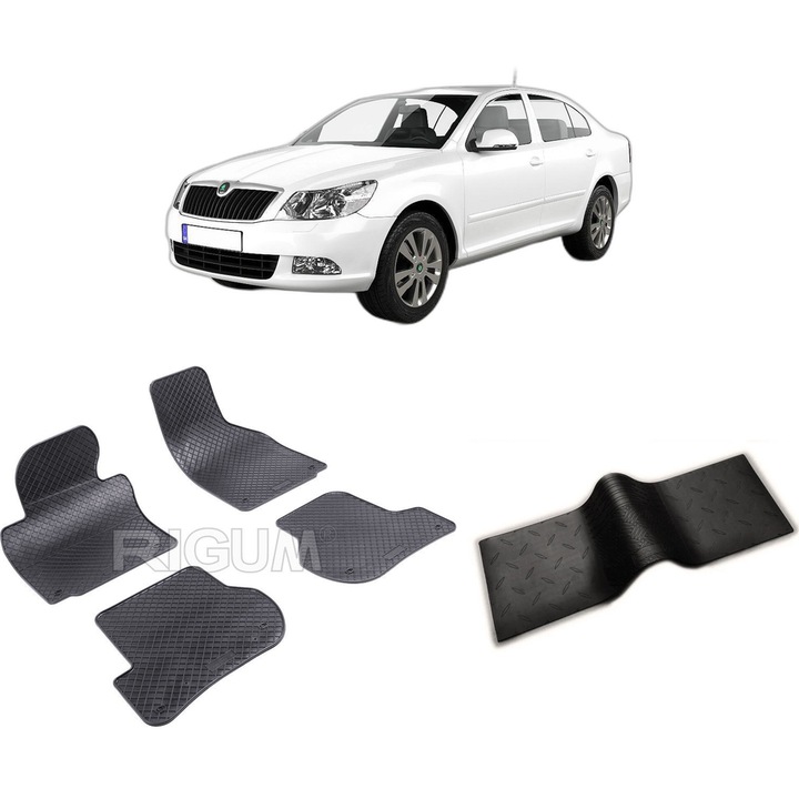 Set covorase auto SKODA OCTAVIA II din 03.2004-01.2013, cu covoras tunel median, CAROSERIE SEDAN, Presuri cauciuc 100%, compatibil cu autoturismul SKODA OCTAVIA II, Rigum