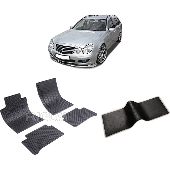 Set covorase auto MERCEDES E-CLASS W211 din 2003-10.2009, cu covoras tunel median, CAROSERIE COMBI, Presuri cauciuc 100%, compatibil cu autoturismul MERCEDES E-CLASS W211, Rigum