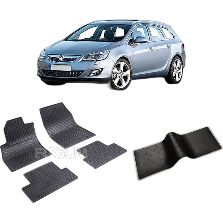 Set covorase auto OPEL ASTRA J din 09.2010-03.2016, cu covoras tunel median, CAROSERIE COMBI, Presuri cauciuc 100%, compatibil cu autoturismul OPEL ASTRA J, Rigum