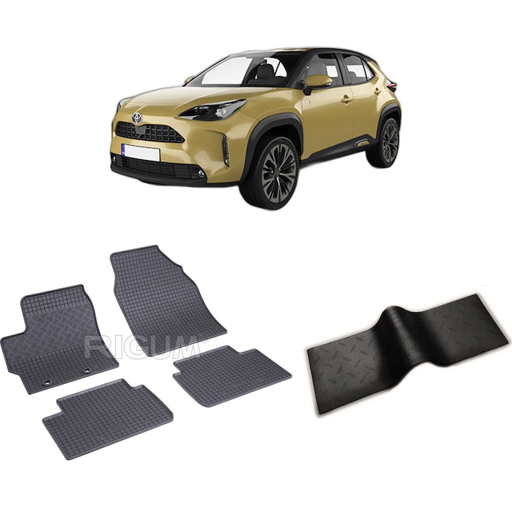 Set covorase auto TOYOTA YARIS CROSS HYBRID din 09.2021-PREZENT, cu covoras tunel median, CAROSERIE SUV, Presuri cauciuc 100%, compatibil cu autoturismul TOYOTA YARIS CROSS HYBRID, Rigum