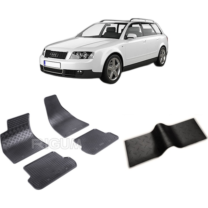 Set covorase auto AUDI A4 B6 din 11.2001-10.2004, cu covoras tunel median, CAROSERIE COMBI, Presuri cauciuc 100%, compatibil cu autoturismul AUDI A4 B6, Rigum