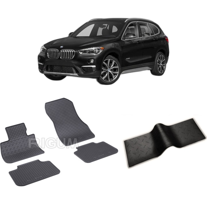 Set covorase auto BMW X1 F48 PHEV din 03.2020-09.2022, cu covoras tunel median, CAROSERIE SUV, Presuri cauciuc 100%, compatibil cu autoturismul BMW X1 F48 PHEV, Rigum