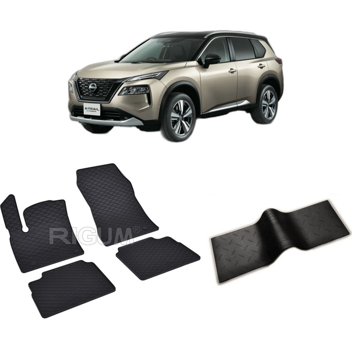 Set covorase auto NISSAN X-TRAIL E-POWER din 09.2022-PREZENT, cu covoras tunel median, CAROSERIE SUV, Presuri cauciuc 100%, compatibil cu autoturismul NISSAN X-TRAIL E-POWER, Rigum