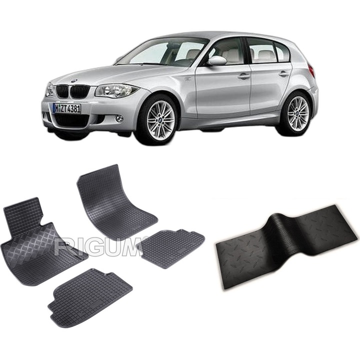 Set covorase auto BMW SERIA 1 E87 din 09.2004-2011, cu covoras tunel median, CAROSERIE HATCHBACK 3 USI, Presuri cauciuc 100%, compatibil cu autoturismul BMW SERIA 1 E87, Rigum