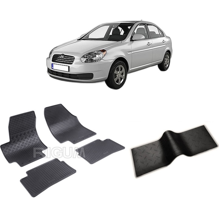 Set covorase auto HYUNDAI ACCENT din 2006-2010, cu covoras tunel median, CAROSERIE SEDAN, Presuri cauciuc 100%, compatibil cu autoturismul HYUNDAI ACCENT, Rigum