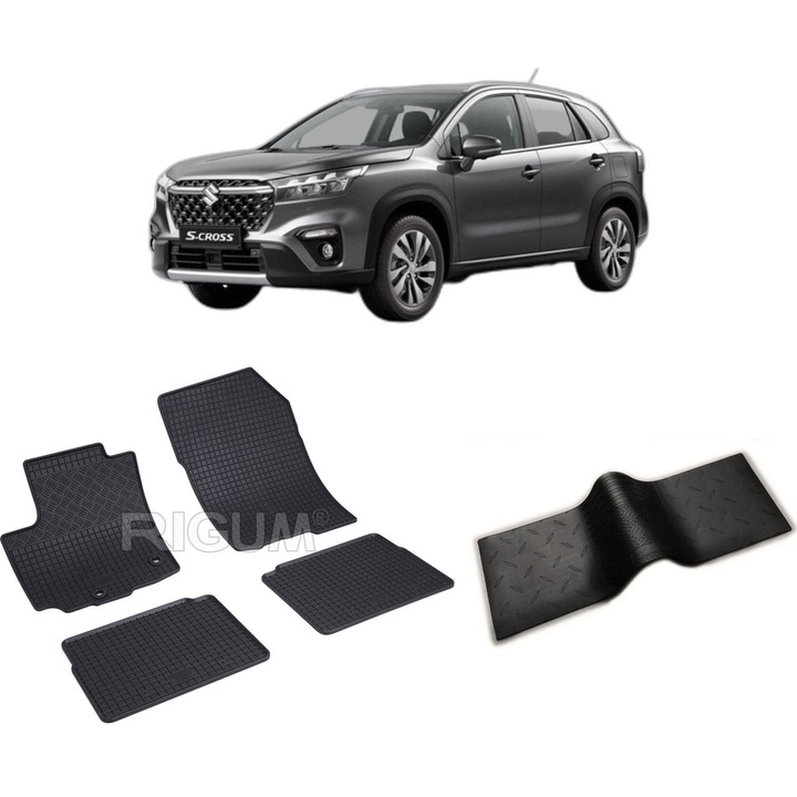 Set covorase auto SUZUKI S-CROSS HYBRID din 11.2021-PREZENT, cu covoras tunel median, CAROSERIE SUV, Presuri cauciuc 100%, compatibil cu autoturismul SUZUKI S-CROSS HYBRID, Rigum
