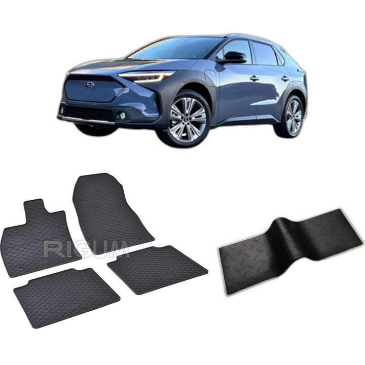 Set covorase auto SUBARU SOLTERRA EA10 din 2022-PREZENT, cu covoras tunel median, CAROSERIE SUV, Presuri cauciuc 100%, compatibil cu autoturismul SUBARU SOLTERRA EA10, Rigum