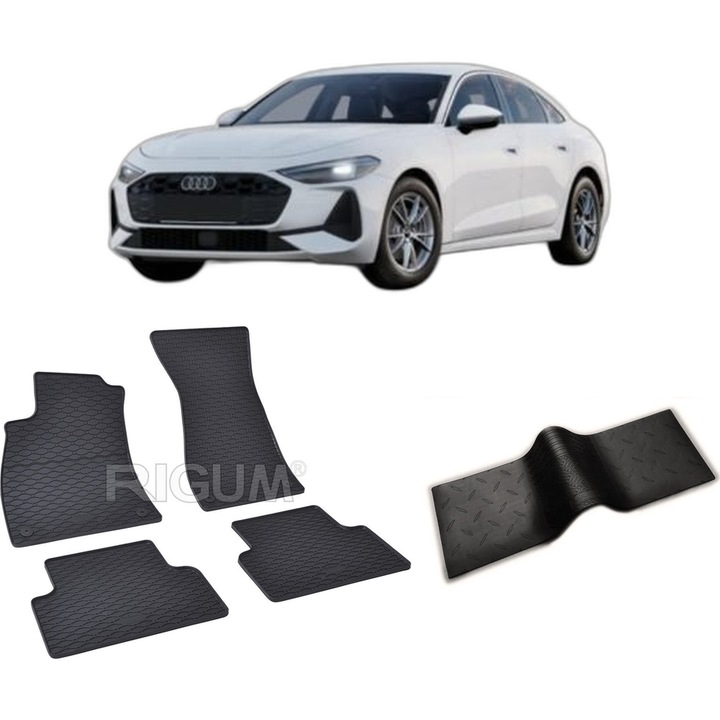 Set covorase auto AUDI A5 III MHEV din 2025-PREZENT, cu covoras tunel median, CAROSERIE SEDAN, Presuri cauciuc 100%, compatibil cu autoturismul AUDI A5 III MHEV, Rigum