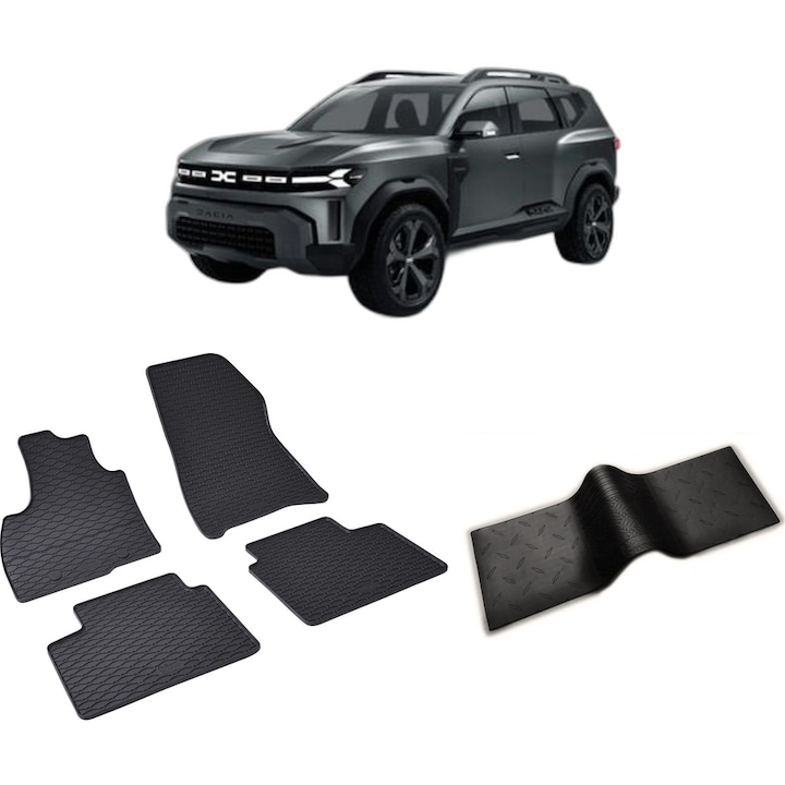 Set covorase auto DACIA BIGSTER MHEV din 2025-PREZENT, cu covoras tunel median, CAROSERIE SUV, Presuri cauciuc 100%, compatibil cu autoturismul DACIA BIGSTER MHEV, Rigum