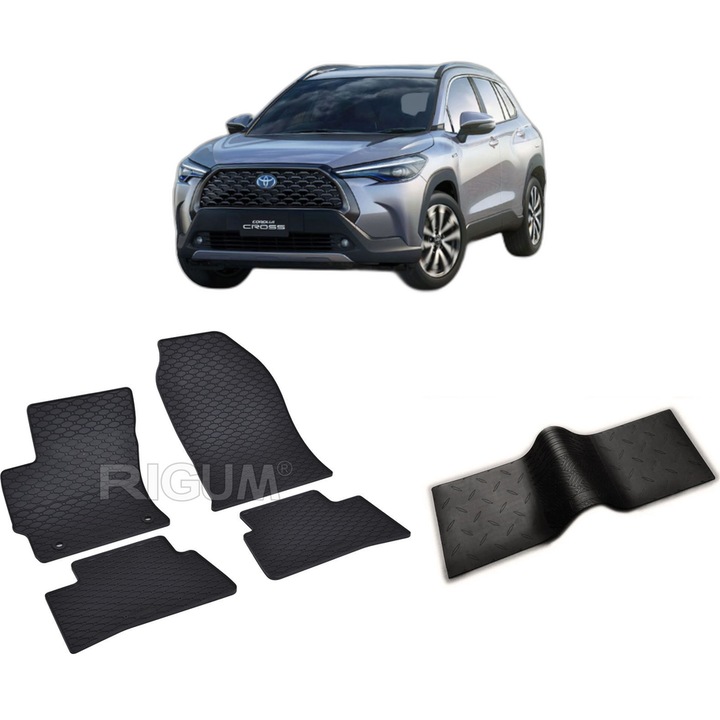 Set covorase auto TOYOTA COROLLA CROSS HYBRID din 11.2022-PREZENT, cu covoras tunel median, CAROSERIE SUV, Presuri cauciuc 100%, compatibil cu autoturismul TOYOTA COROLLA CROSS HYBRID, Rigum