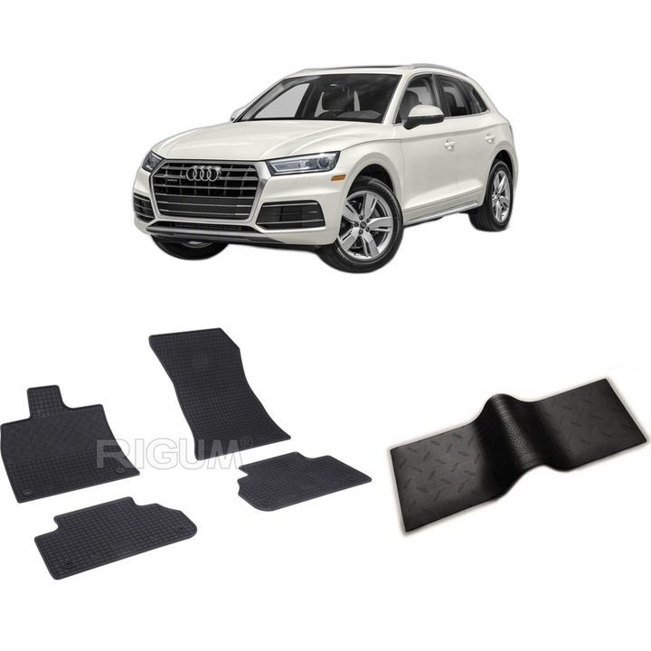 Set covorase auto AUDI Q5 FY din 01.2017-PREZENT, cu covoras tunel median, CAROSERIE SUV CORESPUNDE PENTRU E-TRON, Presuri cauciuc 100%, compatibil cu autoturismul AUDI Q5 FY, Rigum