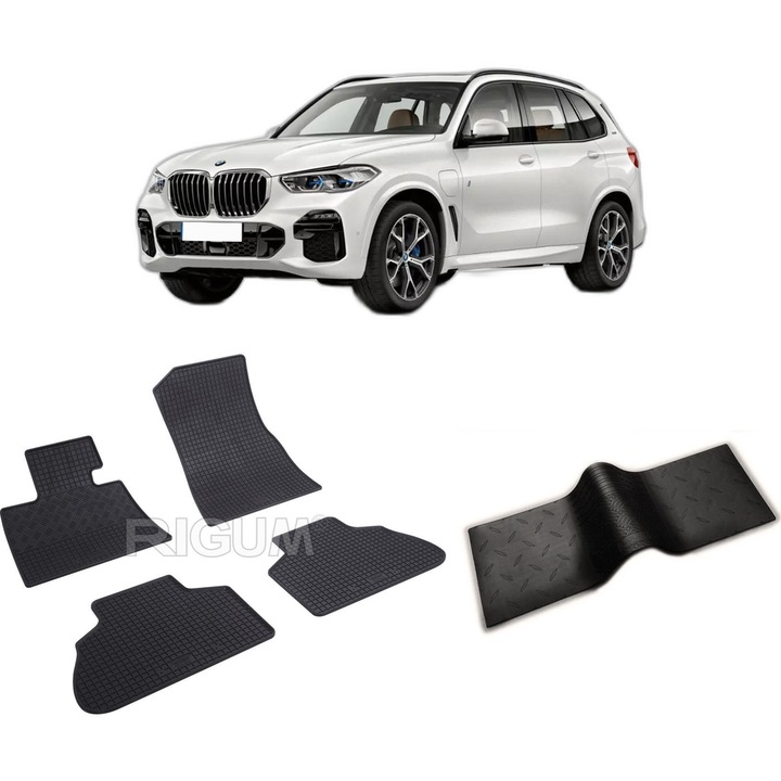 Set covorase auto BMW X5 G05 PHEV din 08.2019-PREZENT, cu covoras tunel median, CAROSERIE SUV, Presuri cauciuc 100%, compatibil cu autoturismul BMW X5 G05 PHEV, Rigum
