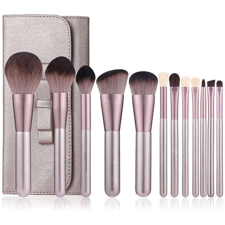 Set 12 Pensule de Machiaj Profesionale Esther Beauty, Moale, Champagne Gold, cu saculet de depozitare
