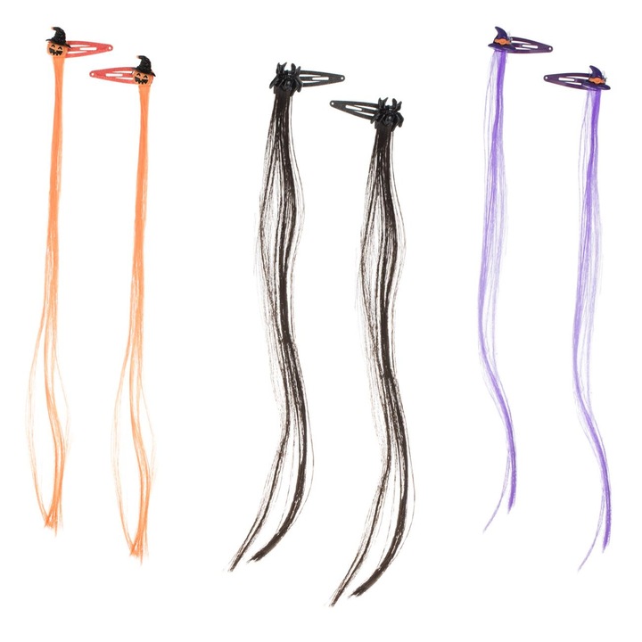 Set clame păr Halloween copii, paianjen negru, dovleac portocaliu, palarie mov, 30cm, 6buc