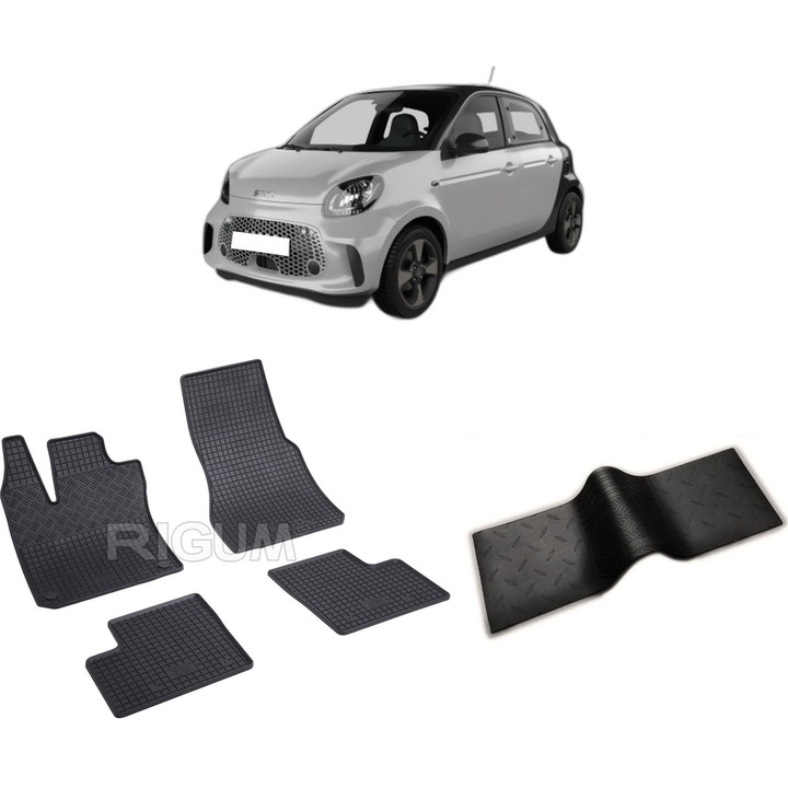 Set covorase auto SMART FORFOUR EQ din 2017-PREZENT, cu covoras tunel median, CAROSERIE HATCHBACK, Presuri cauciuc 100%, compatibil cu autoturismul SMART FORFOUR EQ, Rigum