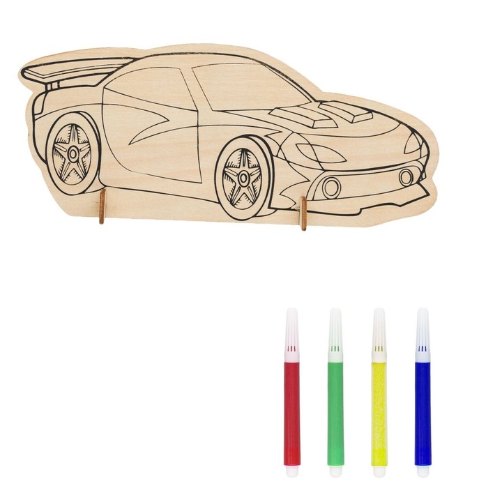 Színező sablonkészlet, autó, fa, 14x9.5cm, többszínű, 4 filctoll, MYONNA IT & E-COMMERCE ®