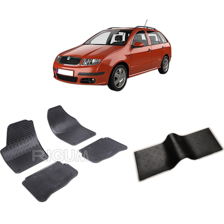 Set covorase auto SKODA FABIA I din 2000-2007, cu covoras tunel median, CAROSERIE COMBI, Presuri cauciuc 100%, compatibil cu autoturismul SKODA FABIA I, Rigum