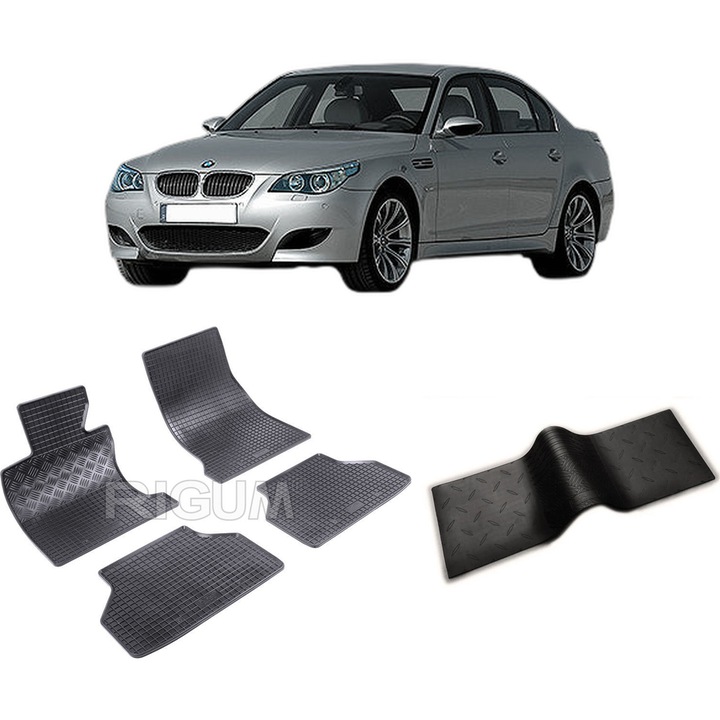 Set covorase auto BMW SERIA 5 E60 din 07.2003-02.2010, cu covoras tunel median, CAROSERIE SEDAN, Presuri cauciuc 100%, compatibil cu autoturismul BMW SERIA 5 E60, Rigum