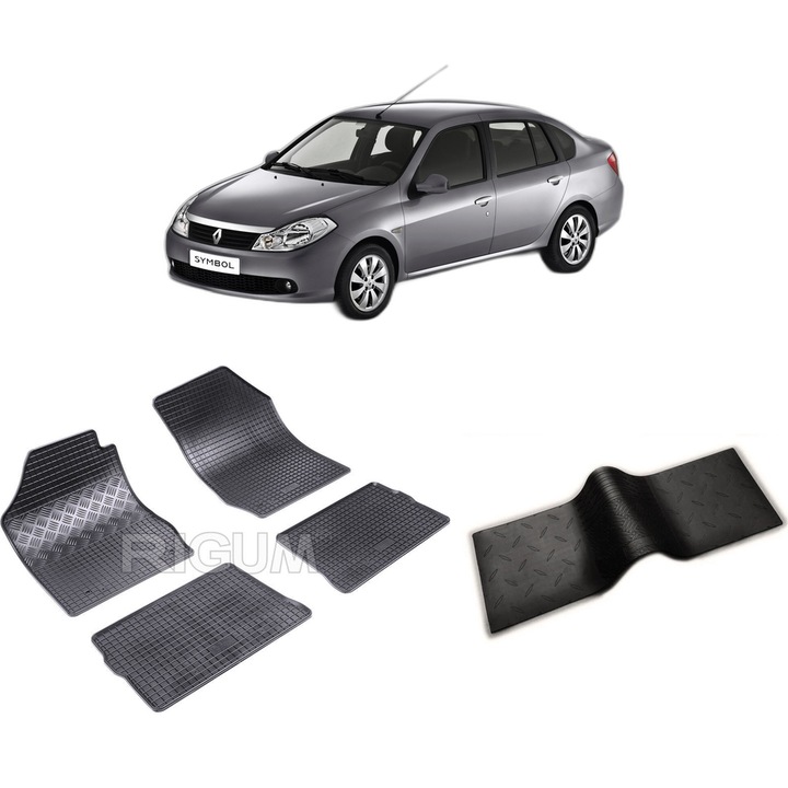 Set covorase auto RENAULT SYMBOL II din 2008-2012, cu covoras tunel median, CAROSERIE SEDAN, Presuri cauciuc 100%, compatibil cu autoturismul RENAULT SYMBOL II, Rigum
