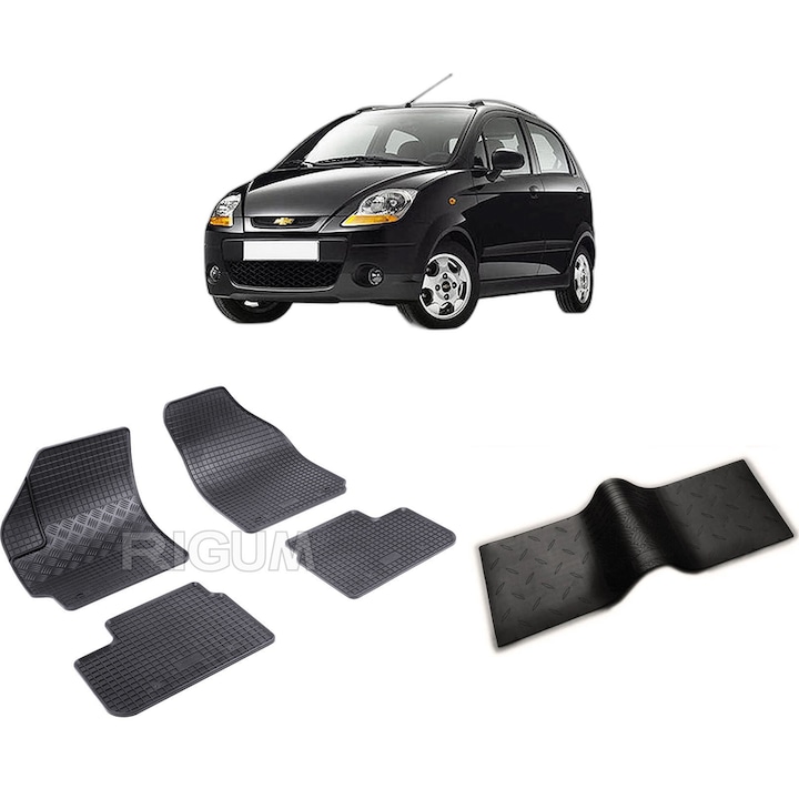 Set covorase auto CHEVROLET MATIZ din 05.2005-01.2010, cu covoras tunel median, CAROSERIE HATCHBACK, Presuri cauciuc 100%, compatibil cu autoturismul CHEVROLET MATIZ, Rigum