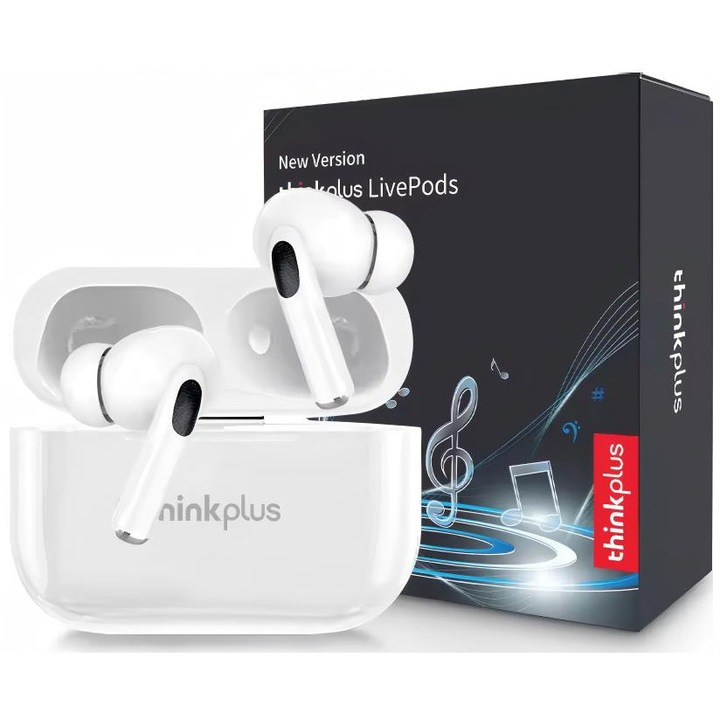 Casti Wireless Original Lenovo Thinkplus LivePods Bluetooth - Reducere Zgomot ANC 3 moduri, Fara Ecran Tactil, Chat vocal cu AI, Bluetooth 5.0, Mod Gaming, Control Selfie, Sunet 9D Stereo, Tapet personalizat cu aplicatia mobila, Alb