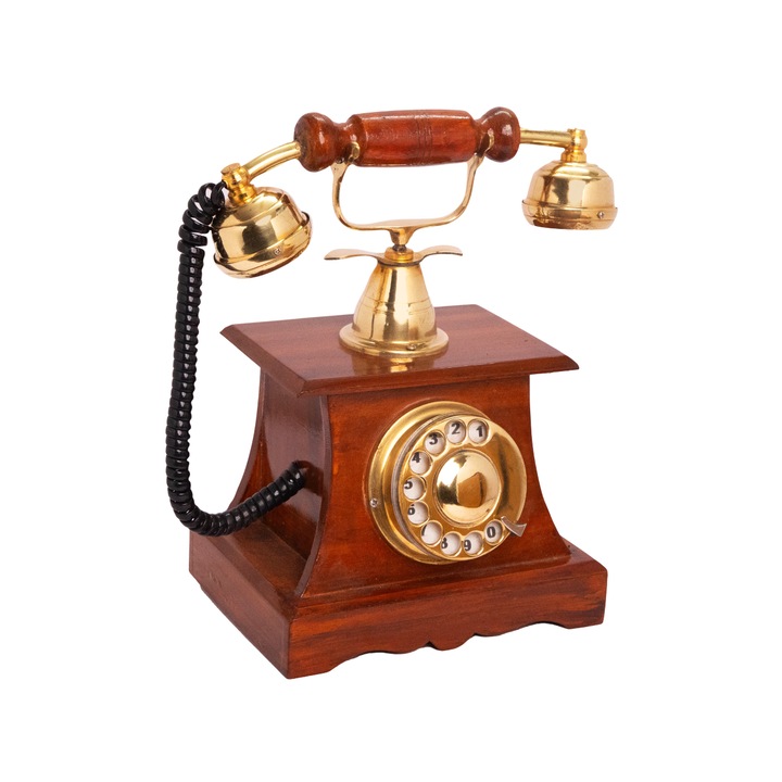 Telefon vintage decorativ din lemn si alama, model clasic, H. 29 cm