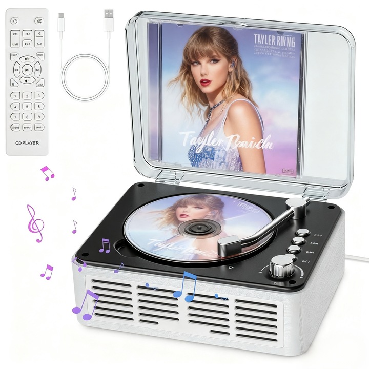 CD плейър SHIJOOE®, Bluetooth, Стерео HiFi, Ретро, FM, С дистанционно управление, Поддържа USB и AUX възпроизвеждане, Опростен и изискан, Дизайн с капак за прах, Бял цвят