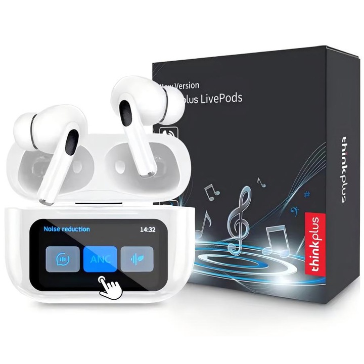 Casti Wireless Original Lenovo Thinkplus LivePods Bluetooth - Reducere Zgomot ANC 3 moduri, Carcasa cu Ecran Tactil LED, Chat vocal cu AI, Bluetooth 5.0, Mod Gaming, Control Selfie, Sunet 9D Stereo, Tapet personalizat cu aplicatia mobila, Alb Multicolor