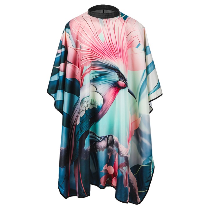 Pelerina De Frizerie, Ponik's, 145x125 cm, Fabricata Din Poliester De Inalta Calitate, Rezistent La Stropire Si Usor De Curatat, Imprimare In Culori Intense Cu Motiv De Pasare Exotica, Capse La Gat Pentru O Imbracare Rapida Si Ajustare, Multicolor