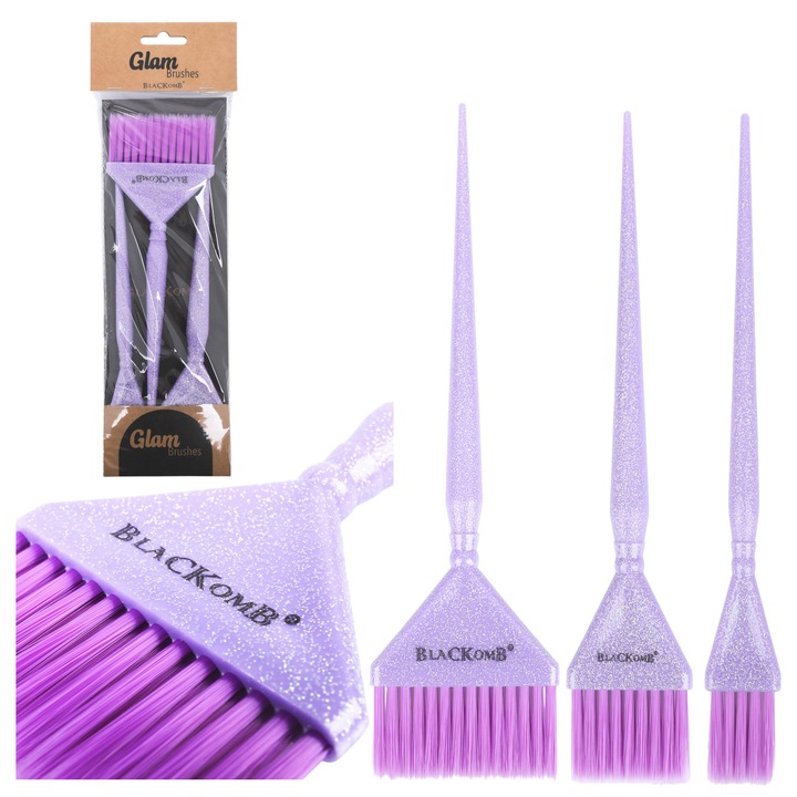 Set 3 Pensule Pentru Vopsit, Ponik's, Blackomb Glam Brushes, 6.5x4.5x2.5 cm, Fire Flexibile, Durabile, Ideale Pentru Aplicarea Uniforma A Vopselei, Maner Ergonomic, Bine Echilibrat, Finisaj Cu Sclipici, Versatilitate Datorita Latimilor Diferite, Violet