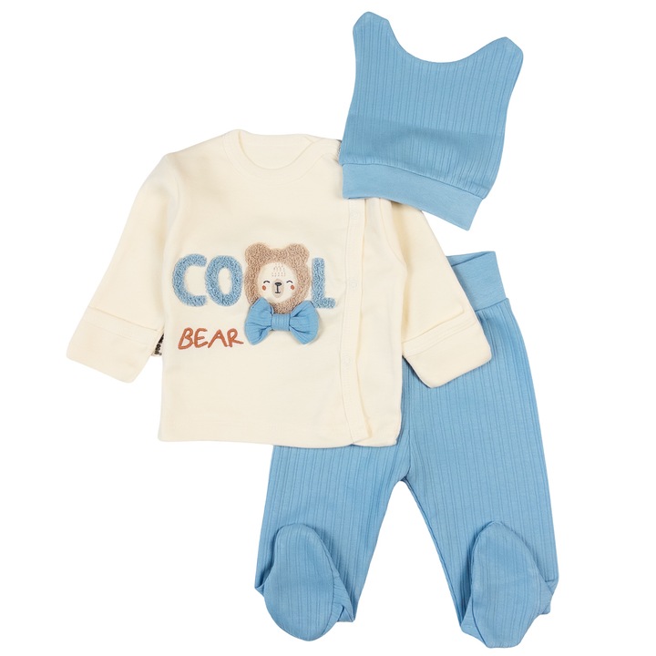Set 3 piese pentru nou nascuti, Model Ursulet cu fundita, culoare bleu 62 CM