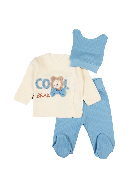 Set 3 piese pentru nou nascuti, Model Ursulet cu fundita, culoare bleu 62 CM