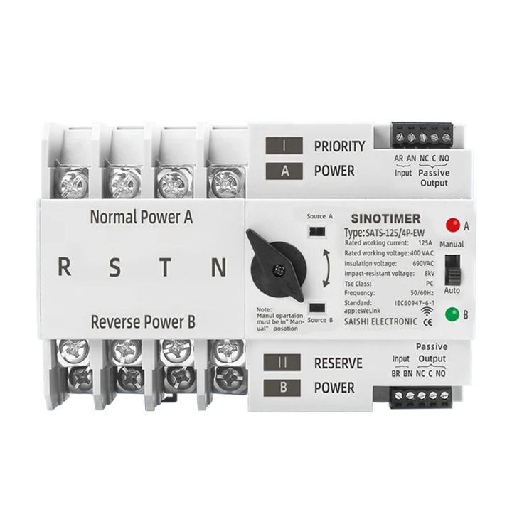 Comutator inteligent pentru PV WiFi eWeLink 4P 125A AC 230V ATS cu alimentare dubla, selector automat de transfer