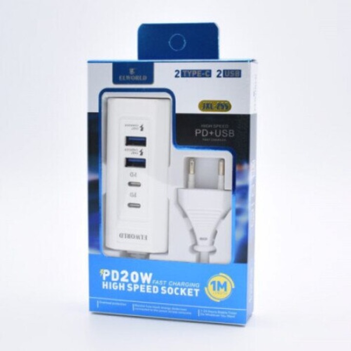 Intelligens Töltőaljzat 2AC + 3USB, Kompakt, Biztonságos, Fehér